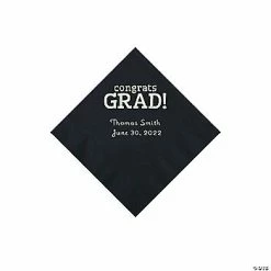 Promo 🎁 Black Congrats Grad Personalized Napkins with Silver Foil - 50 Pc. Beverage 🧨