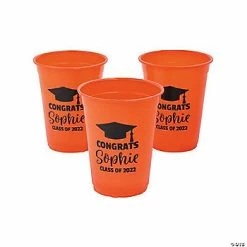Hot Sale 😀 Personalized Orange Graduation Disposable Plastic Cups - 40 Ct. ⌛