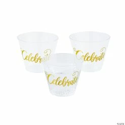 Discount π Gold Celebrate Clear Plastic Cups - 50 Pc. π
